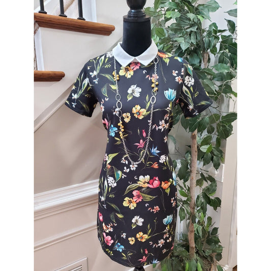 Zara Trafaluc Women's Black Floral Polyester Short Sleeve Knee Length Dress S