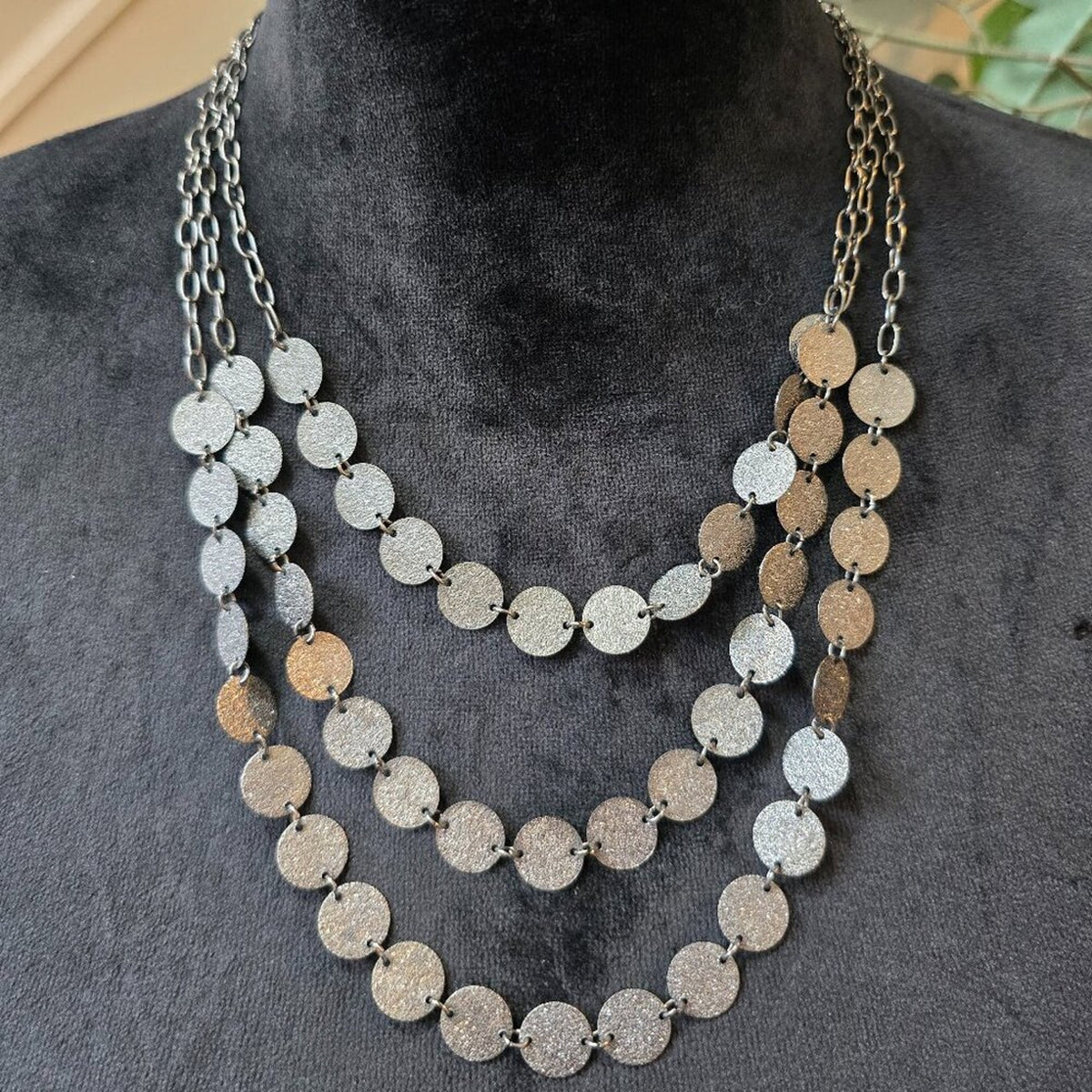 Womens Silver Tone Three Strands Metal Disks Necklace Jewelry with Lobster Clasp