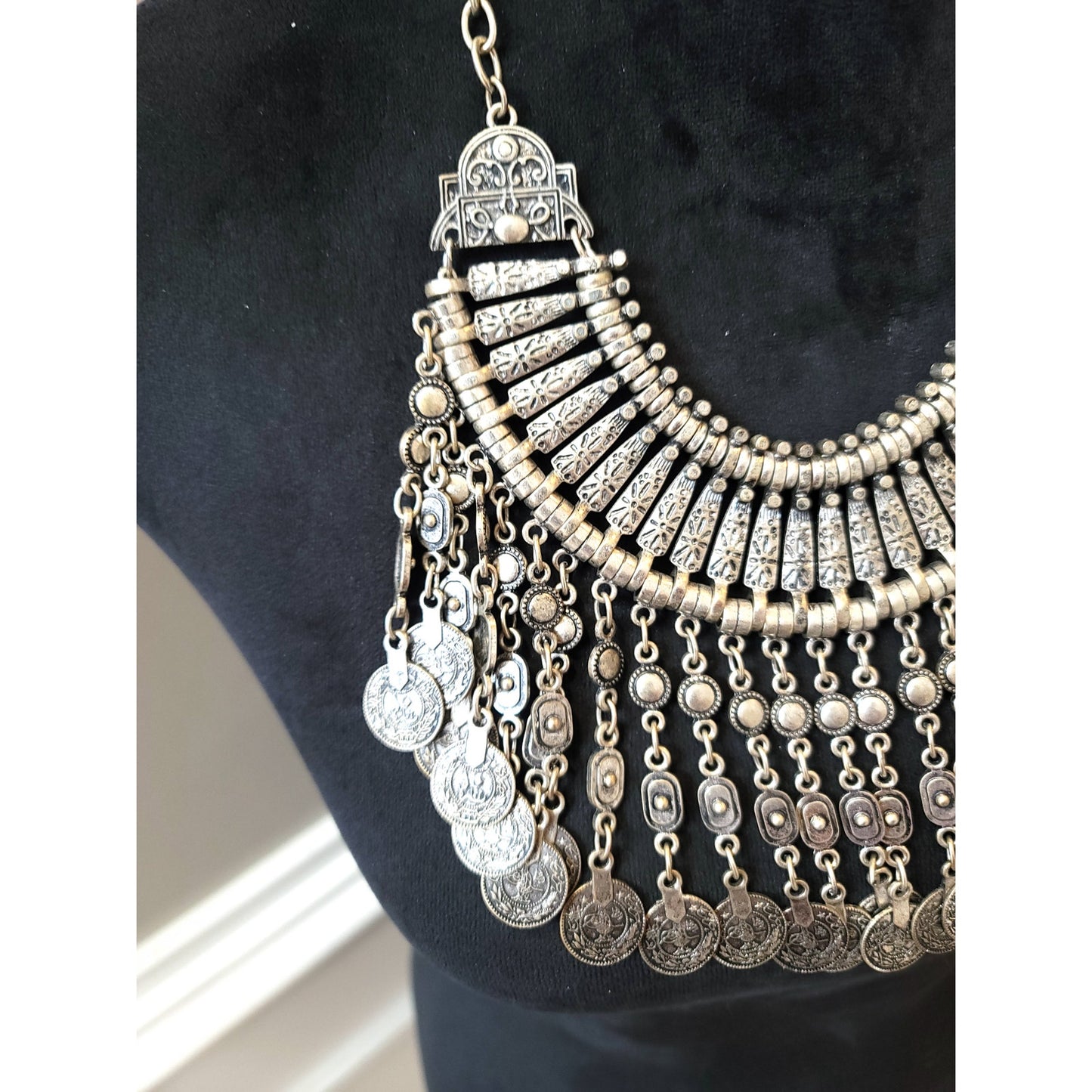 Women's Boho Statement Coin Bib Necklace Antique Silver Lobster Clasp Tribal