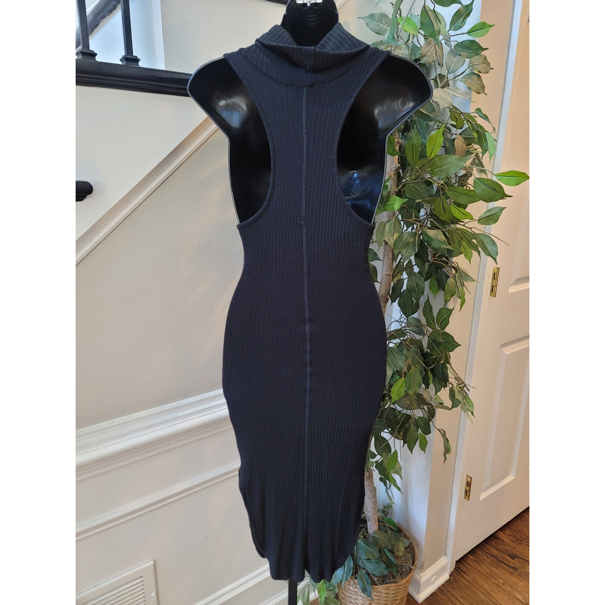 May Pink Midi Dress Women's Small Black Ribbed Knit Cowl Sleeveless Curved Hem