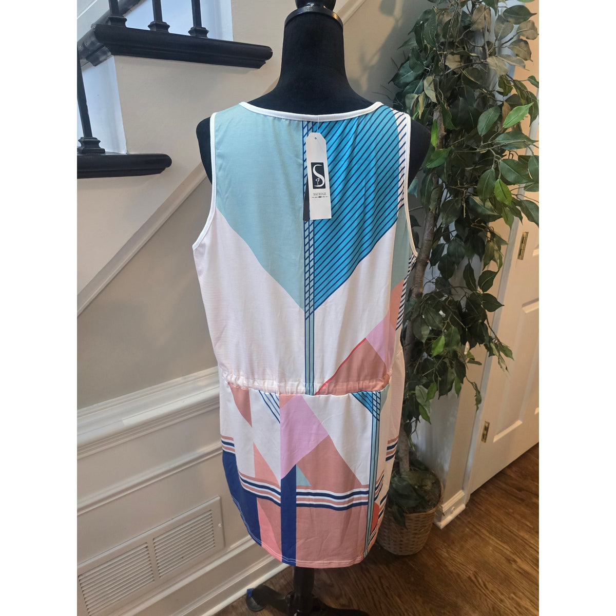 Saukole Mini Dress Women 2XL Multicolor Geometric Drawstring Waist Keyhole Neck