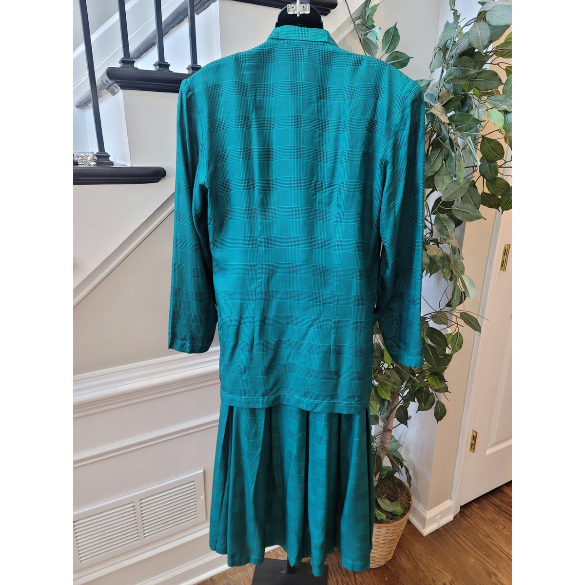 Vintage Silk Club Skirt Suit Medium Teal Green Houndstooth Plaid  Blazer