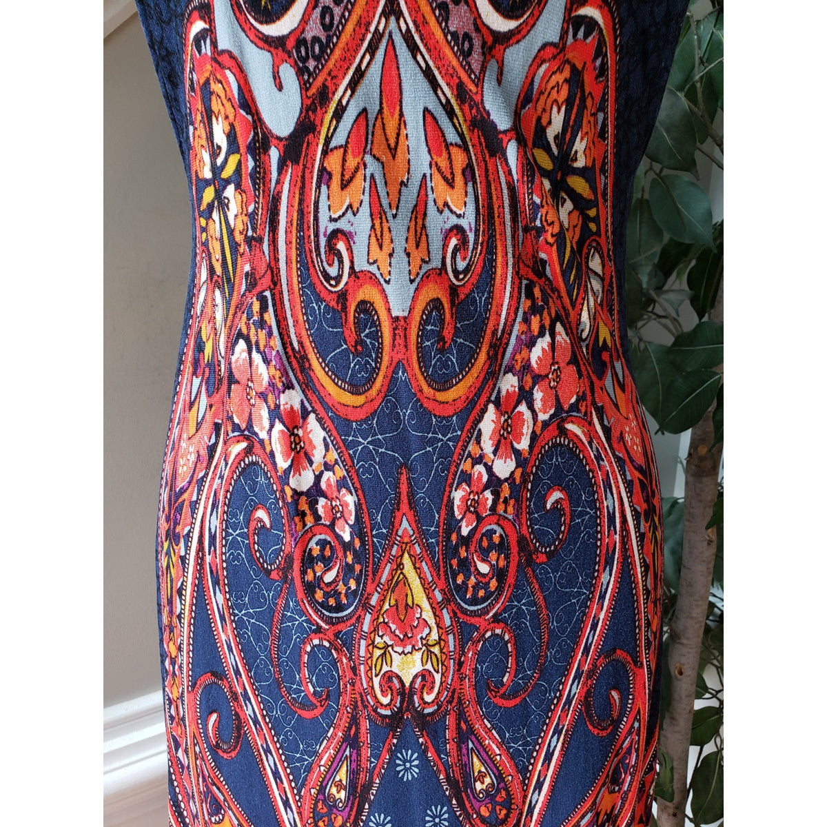 Lascana Bodycon Dress Women's Size M Blue Paisley Fitted Round Neck Sleeveless