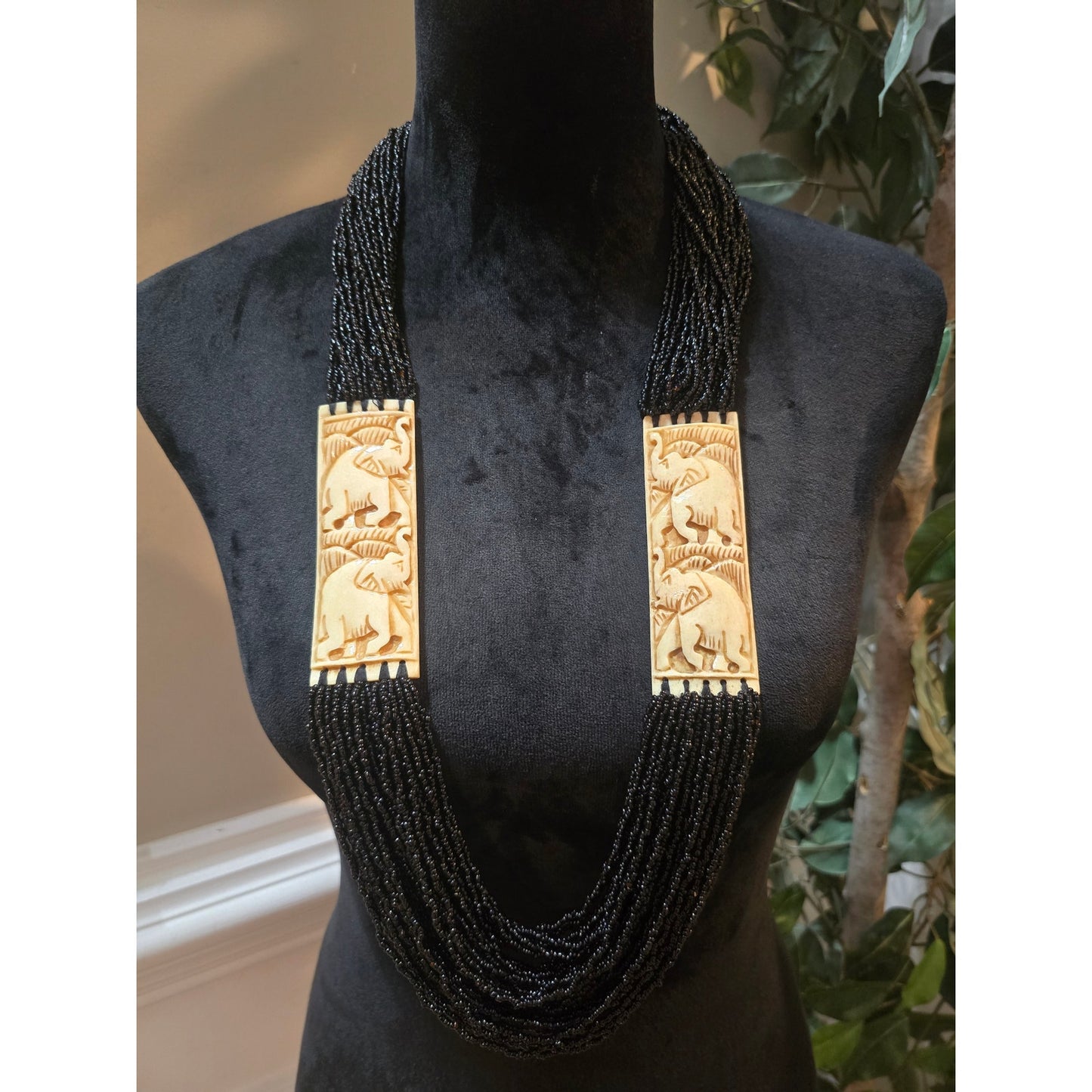 Women's Multi Strand Black Beaded Necklace With Gold Accents Lobster Claw Clasp