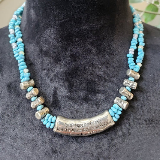 Womens Blue Turquoise Double Strand Metal Pendant Necklace with Lobster Clasp