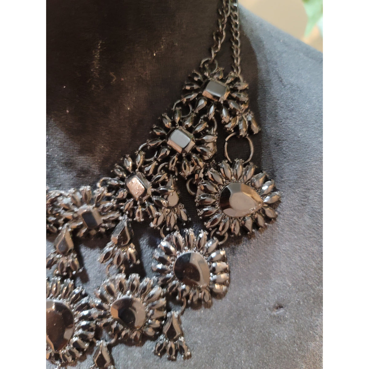 Women's Black Statement Bib Necklace With Lobster Clasp Elegant Evening Jewelry