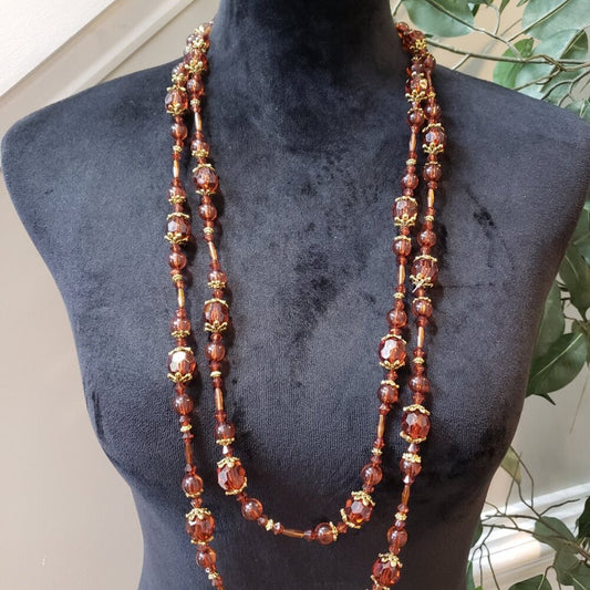 Vintage Womens Fashion Amber Faceted Beaded Long Necklace Jewelry