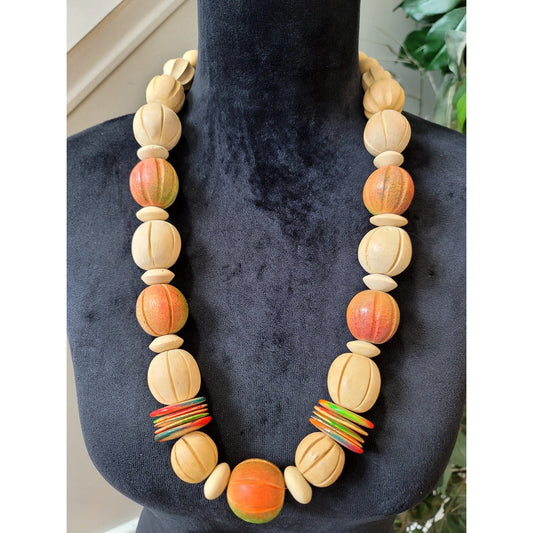 Vintage Handcrafted Wooden Bead Necklace Colorful Disc Accent Tribal Boho Style