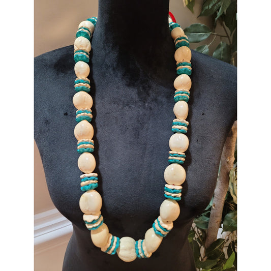 Women's Handmade Beaded Necklace with Turquoise and Cream Beads Unique Design