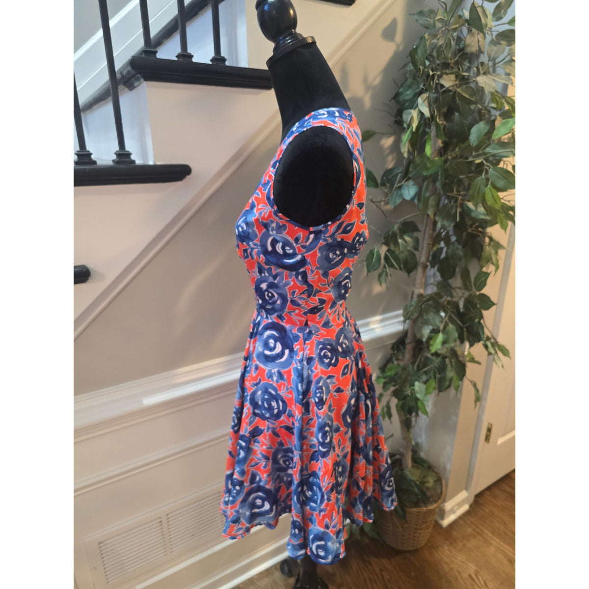 Maison Jules Skater Dress Women's Dress Small Red/Blue Floral Lined Back Zipper