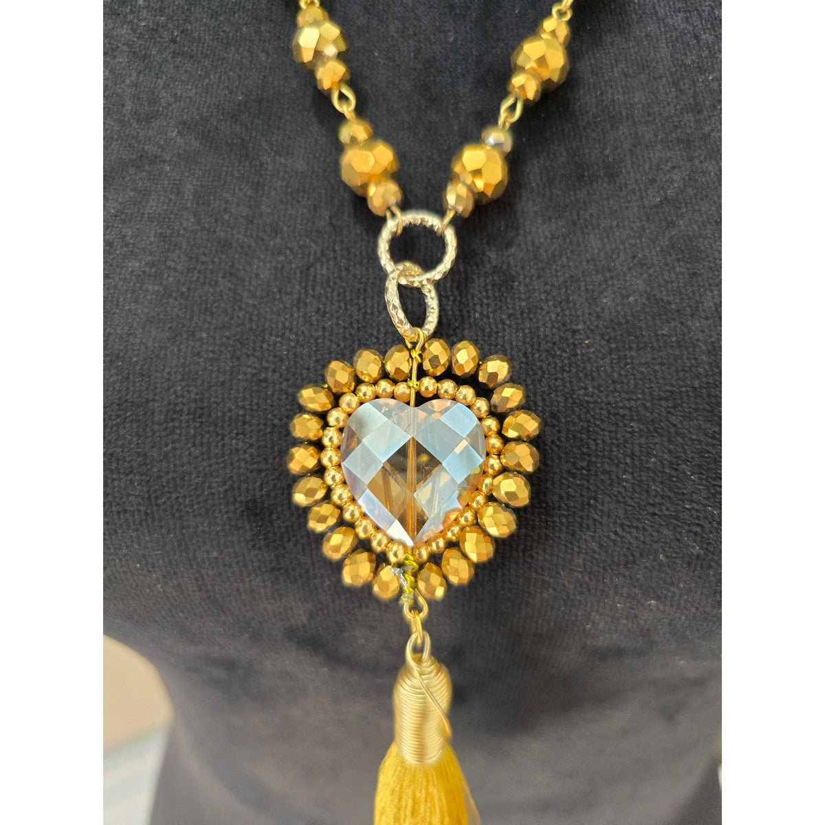 Gold Tone Beaded Heart Pendant Necklace Yellow Tassel Boho Statement