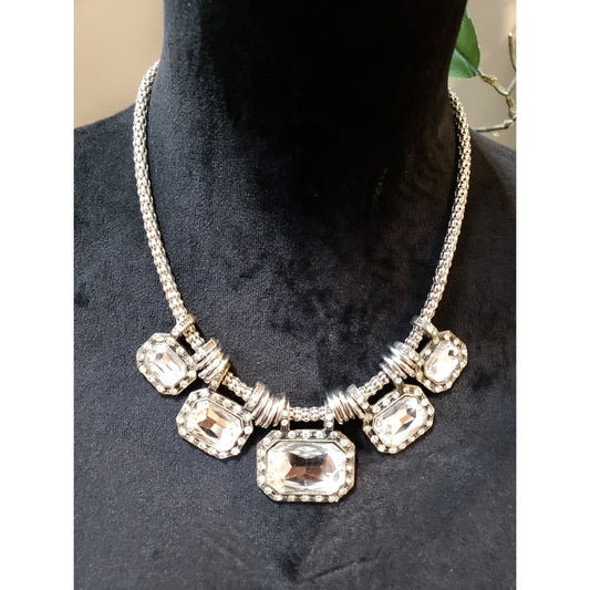 Women's Silver Statement Necklace Clear Crystal Lobster Clasp Chunky Chain