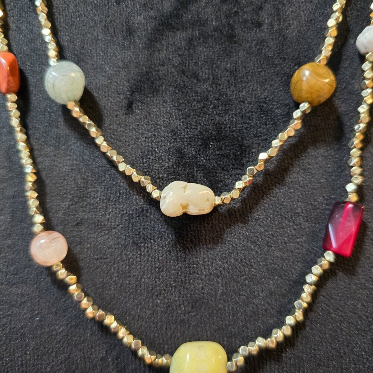 Womens Fashion Semi-Precious Stones Gold Accents Bead Two Strand Collar Necklace