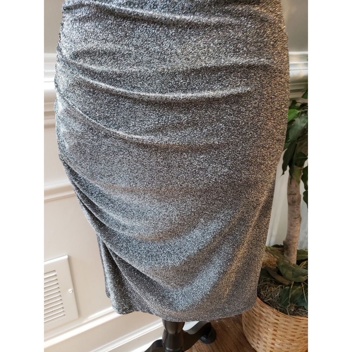 Express Dress Women M Silver Metallic One Shoulder Ruched Bodycon Party NWT