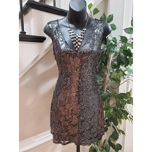 Express Women's Black Metallic Sequin Sleeveless Overlay Short Dress Size XS