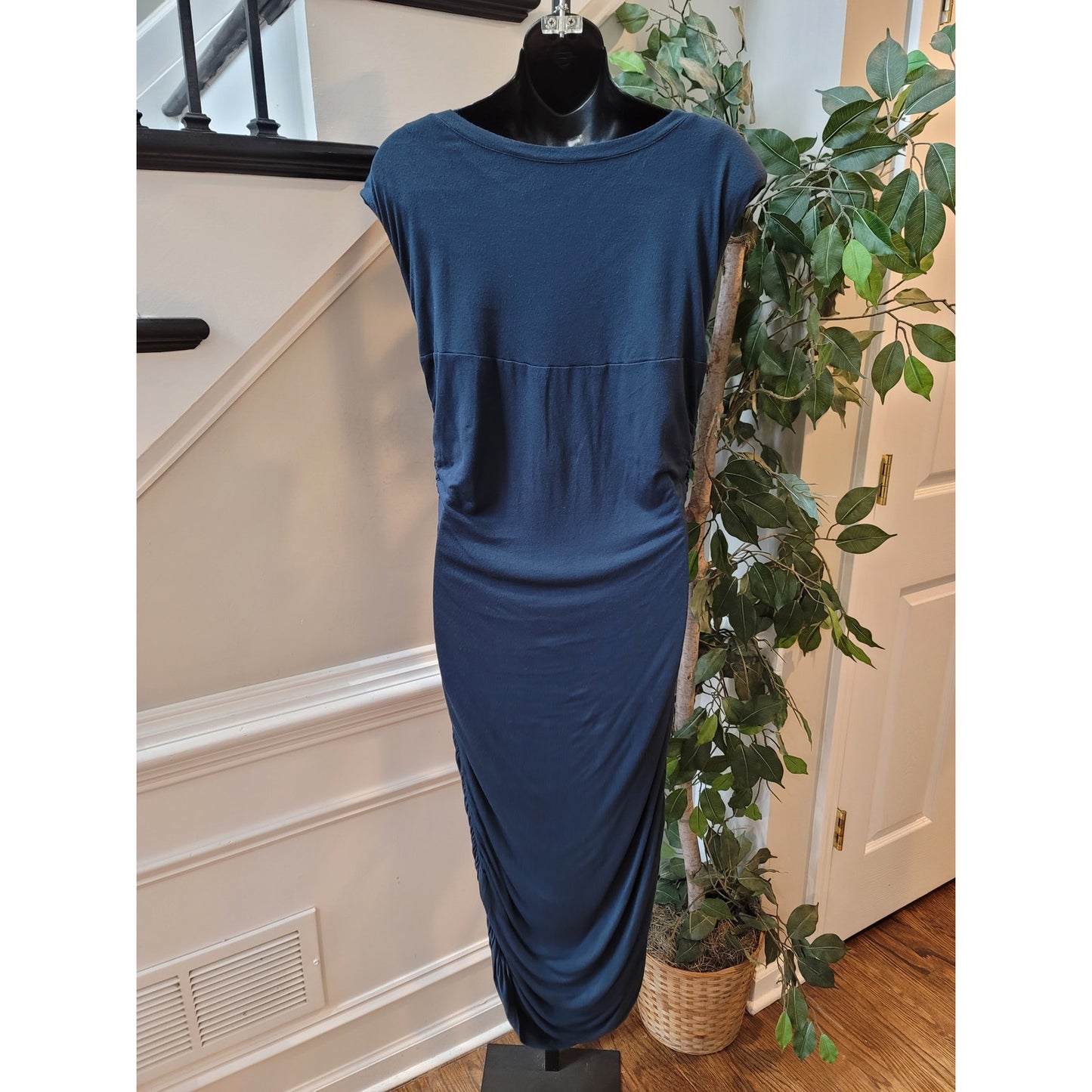 ASOS Midi Dress Womens Size 12 Navy Blue Ruched Waist Stretch Bodycon Elegant