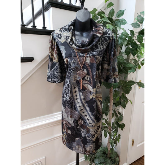 R&M Richards Womens Multi Polyester Short Sleeve Cowl Neck Shift Dress Size 10