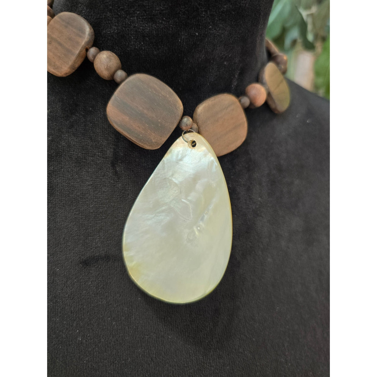 Brown Wood Bead Necklace Large Teardrop Shell Pendant Statement Jewelry