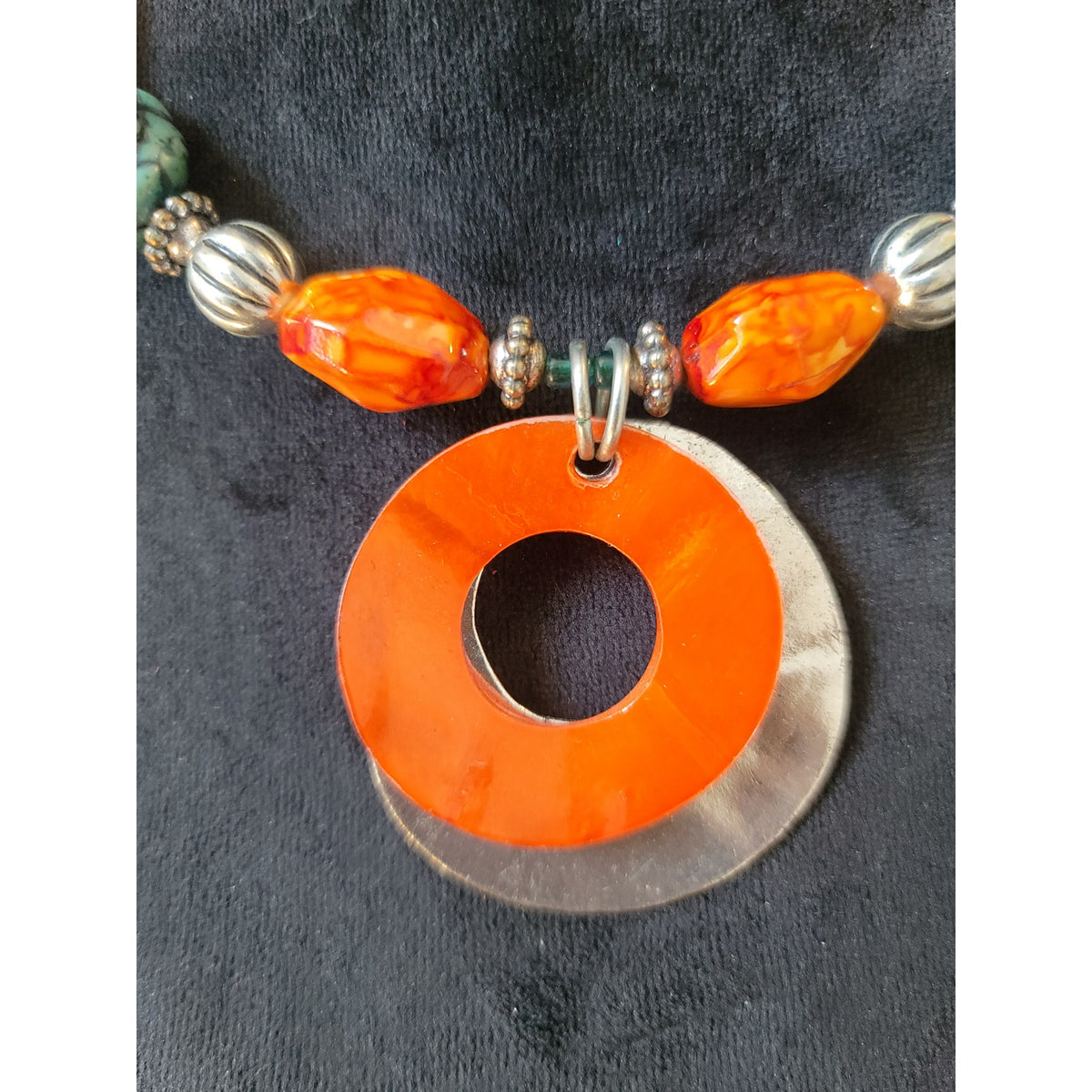 Women's Colorful Beaded Statement Necklace With Orange Circle Pendant Design