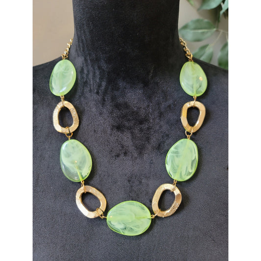 Women's Green Beaded Necklace And Earring Set With Gold Oval Link Accents