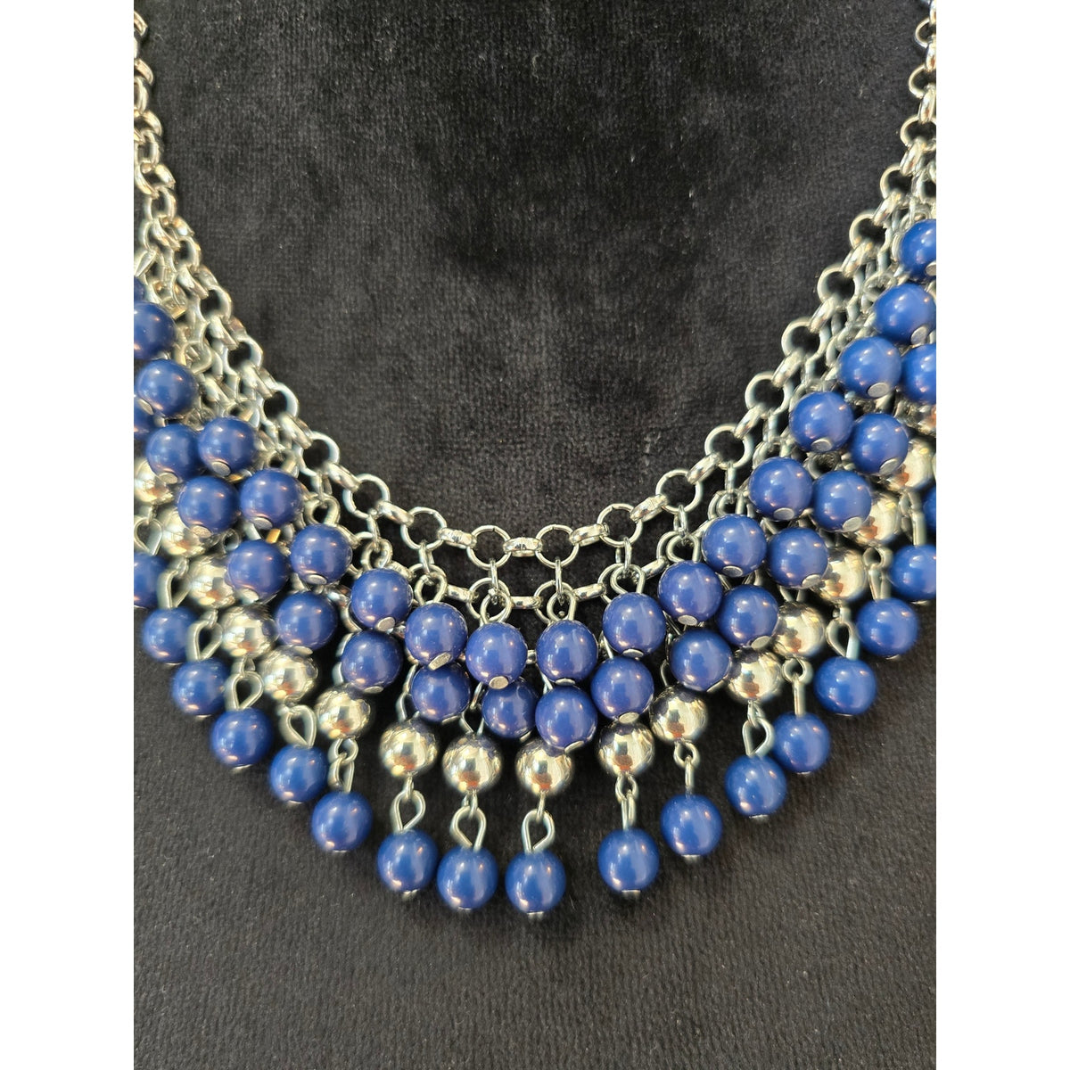 Blue Silver Tone Multi Strand Beaded Fringe Bib Statement Necklace