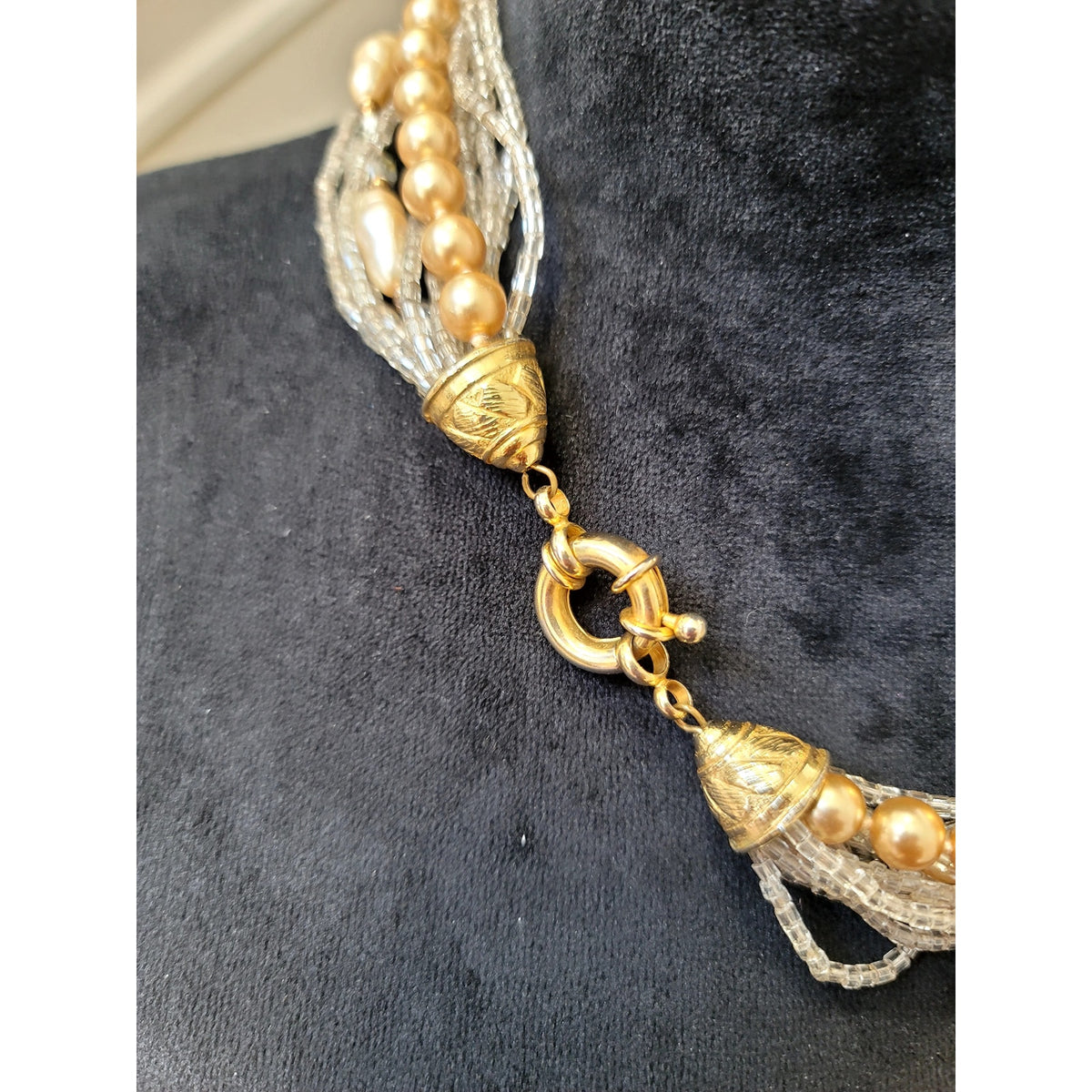 Gold Tone Multi-Strand Faux Pearl Crystal Layered Choker Statement Necklace