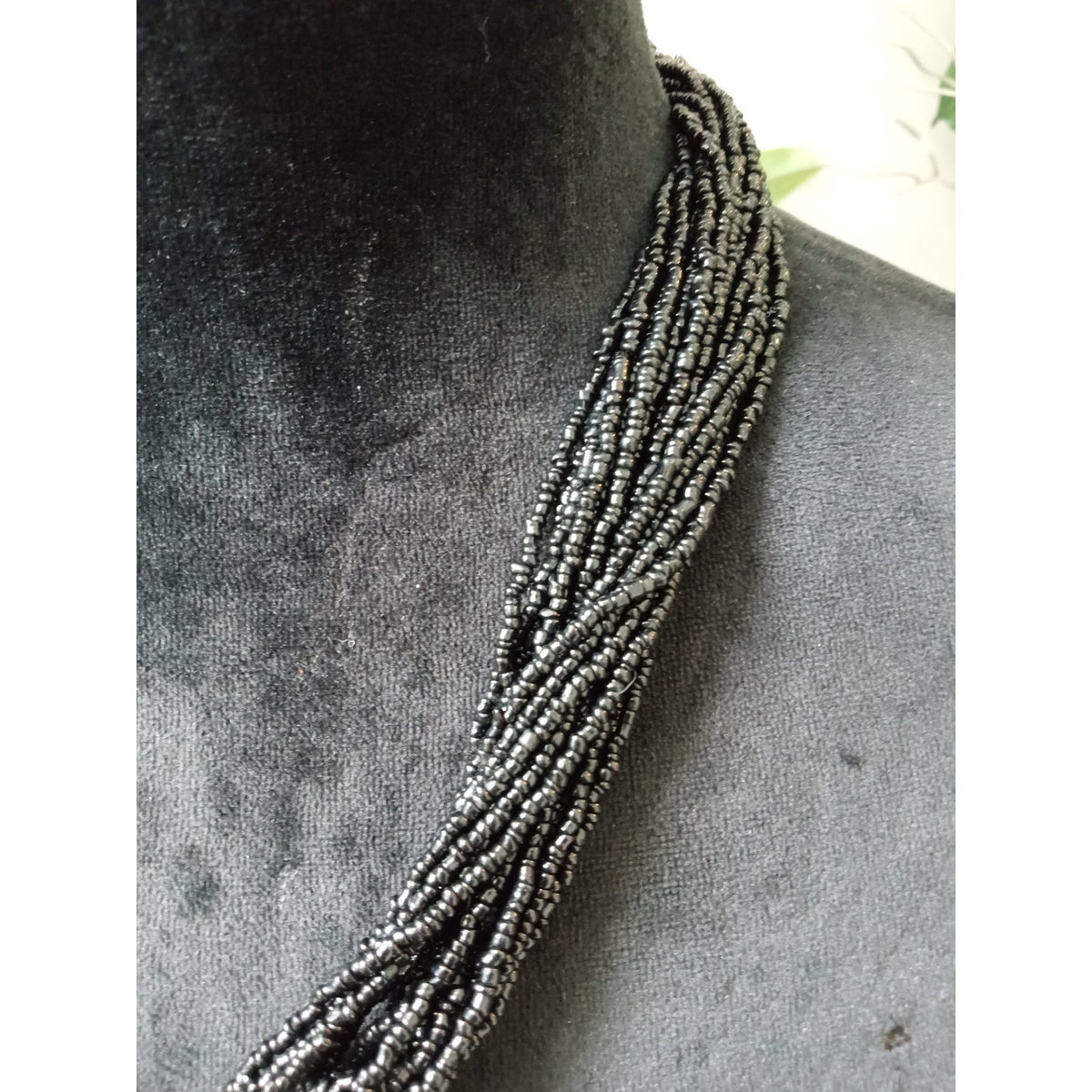 Black Multi Strand Seed Bead Necklace Twisted Tassel Statement Bib Collar