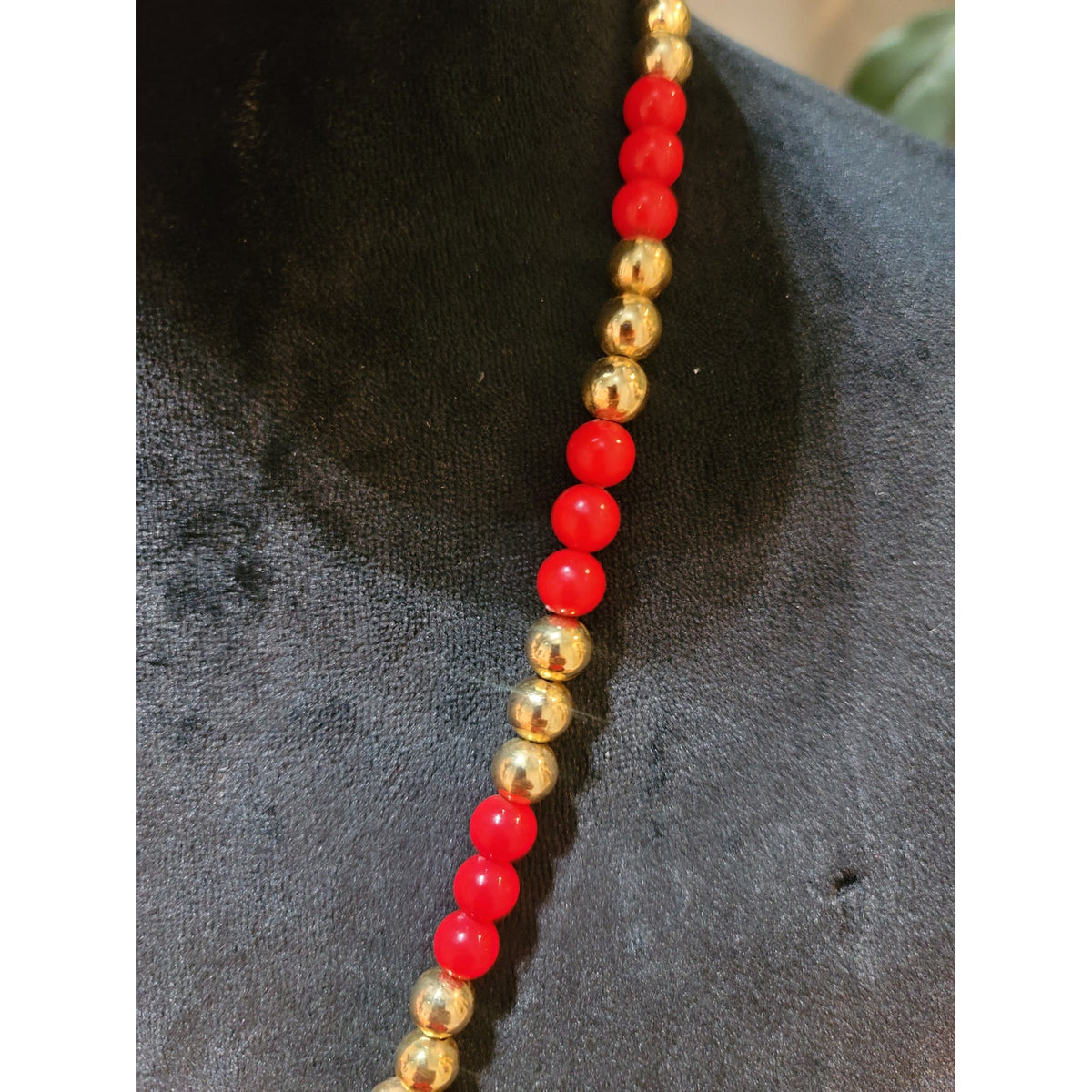 Women's Red Beaded Necklace With Gold Tone Beads And Spring Ring Lock Jewelry