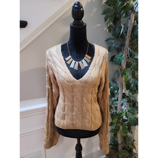 Double Zero Cable Knit Sweater Women's M Beige V-Neck Long Sleeve Pullover