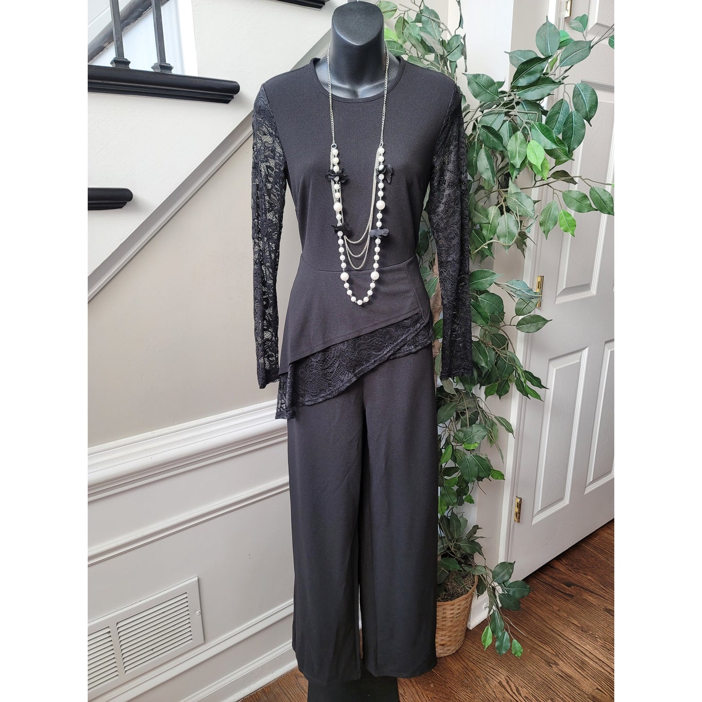 Women's Jumpsuit Small Black Lace Long Sleeve Asymmetrical Hem Wide Leg Evening