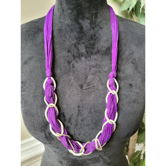 Women's Purple Fabric and Silver Tone Link Necklace Fashion Jewelry
