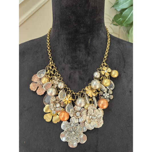 Gold Tone Mixed Shell Disc Charm Statement Necklace Chunky Bib Boho Jewelry