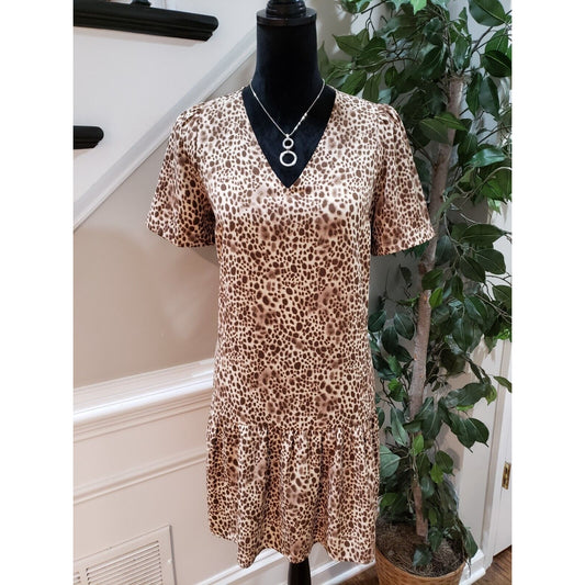 A New Day Women Brown Leopard Print Peplum Hem Casual V Neck Shift Dress Size XS