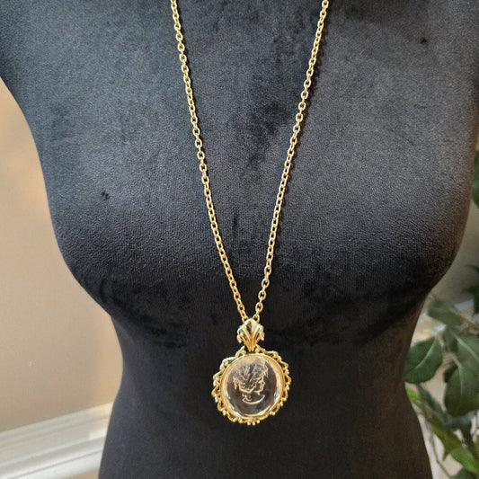 Womens Gold Tone Frosted Lady Intaglio Cameo Pendant Necklace with Lobster Clasp
