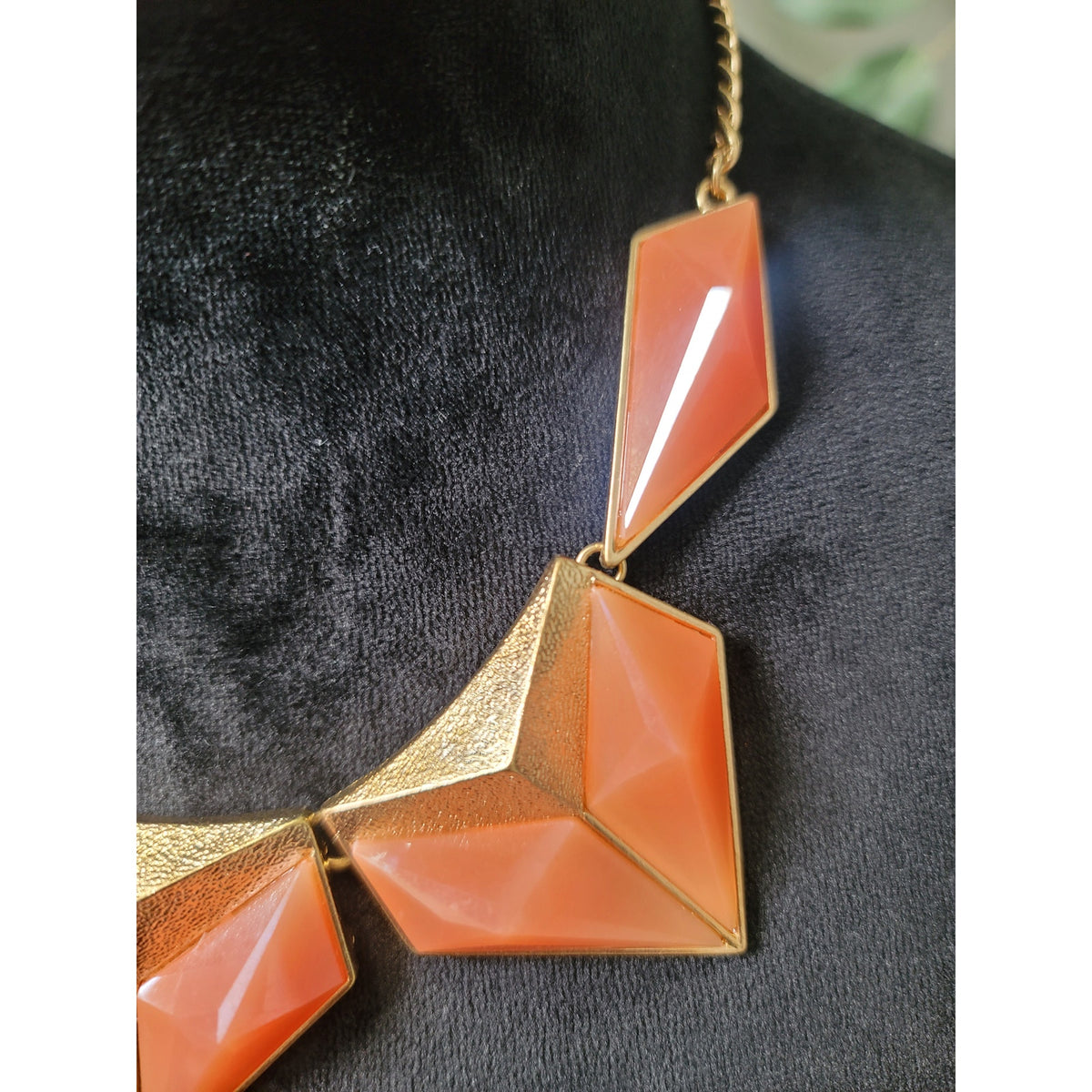 Women's Statement Necklace and Earrings Set Coral Orange Geometric Gold Tone