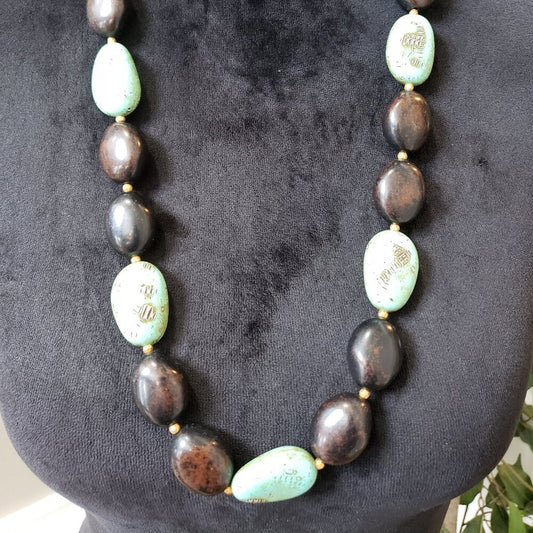 Womens Fashion Green & Brown Semiprecious Stone Necklace with Toggle Clasp