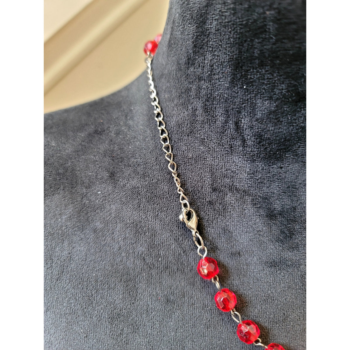 Red Faceted Bead Statement Bib Necklace Silver Tone Layered Cascade Fringe Bold