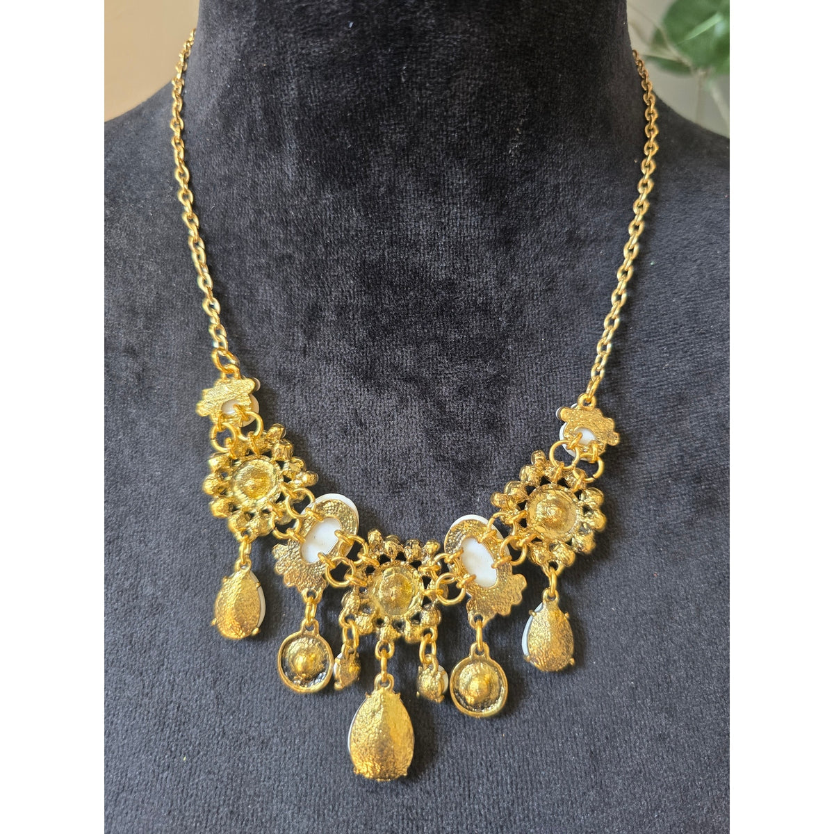 Gold Tone Ivory Pearl Rhinestone Teardrop Bib Statement Necklace
