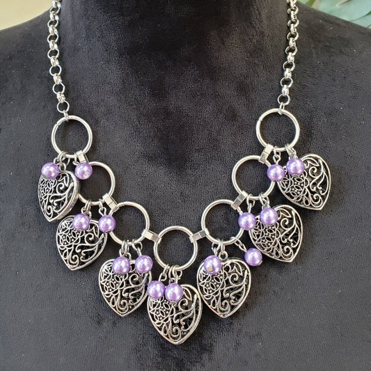Womens Silver Tone Hearts with Purple Faux Pearls Necklace Jewelry with Lobster