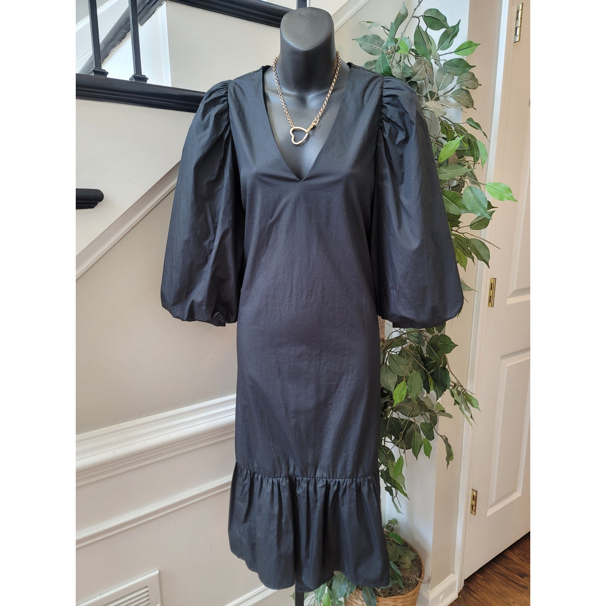 A New Day Midi Dress Women's Medium Black 100% Cotton 3/4 Balloon Sleeves