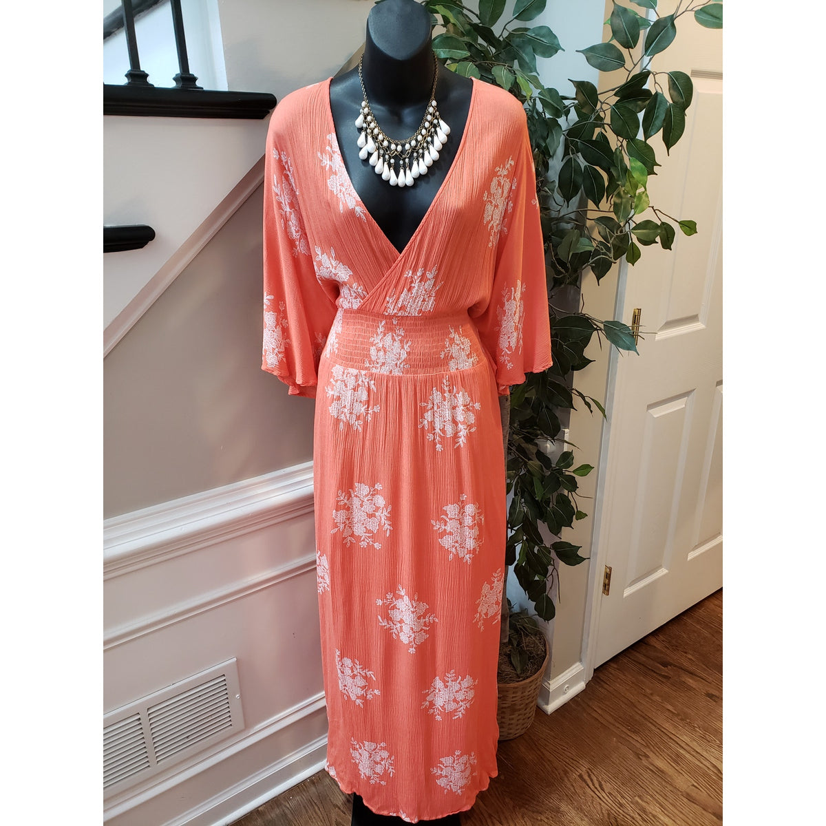 Oddi Long Maxi Dress Women's Size 2XL Orange Smocked Waist V Neck Kimono Sleeve