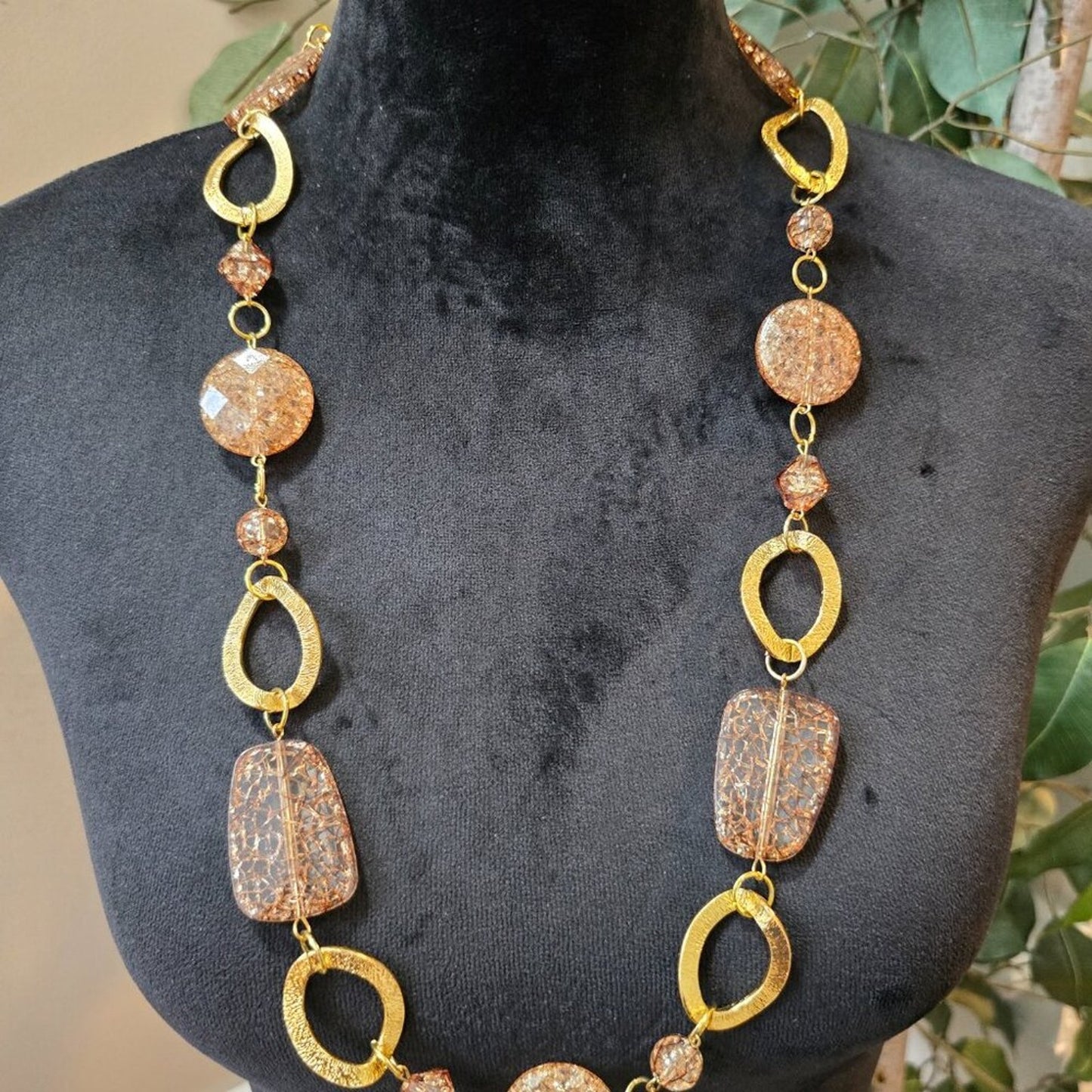 Womens Fashion Brown Crystal Gold Tone Disc Linked Chain Necklace Jewelry