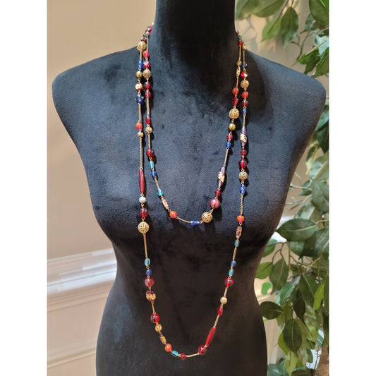 Women’s Long Multicolor Glass Bead Necklace Gold Tone Chain Lobster Clasp