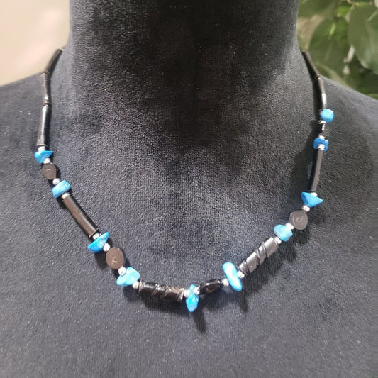 Artisan Women Fashion Black Twist Bar Blue Faux Turquoise Beaded Collar Necklace