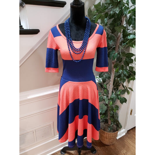 LuLaRoe Women Orange Blue Polyester Round Neck Short Sleeve Knee Length Dress S