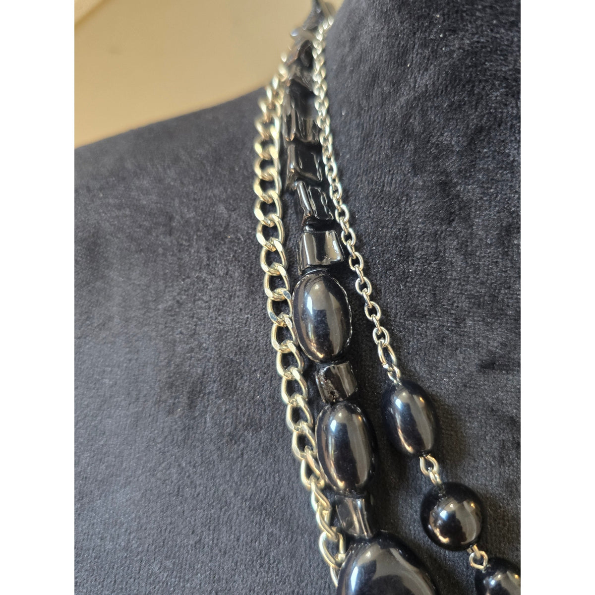 Black Gray Multi Strand Chain Beaded Statement Necklace