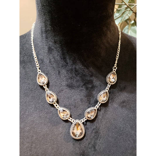 Womens Gold Tone Rhinestone Champagne Teardrop Crystals Link Necklace Jewelry