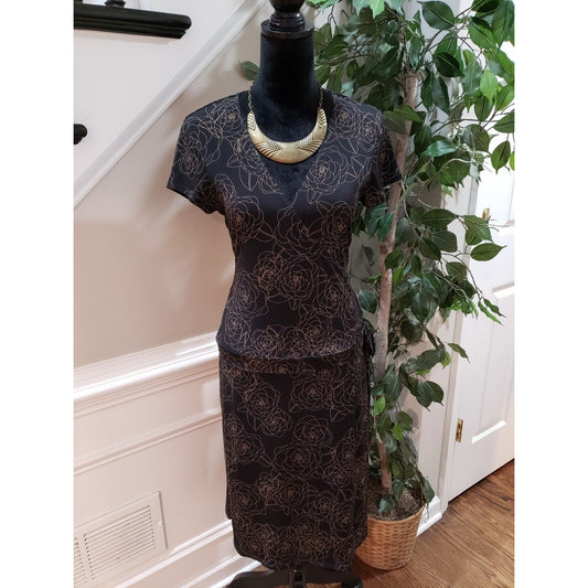 Merona Women's Black Floral Polyester V-Neck Short Sleeve Knee Length Dress M