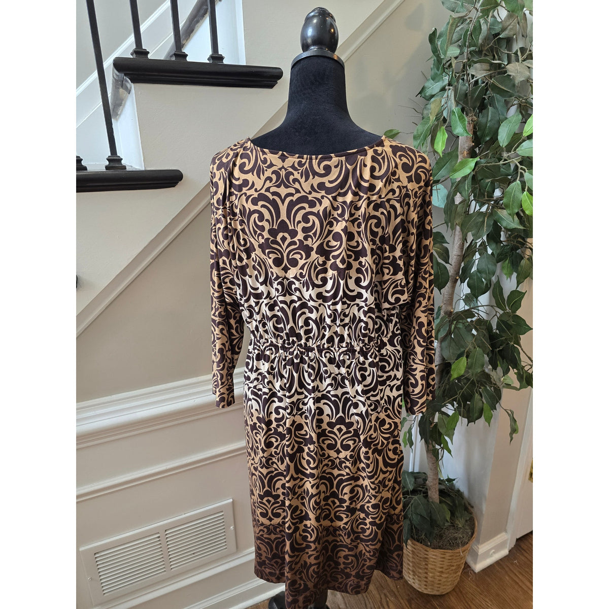 Soma Fit & Flare Dress XL Brown Beige Floral Scoop Dolman Sleeve Casual Pullover