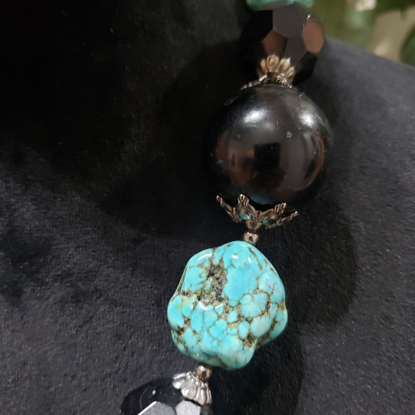 Womens Blue Black Turkey Turquoise Round Onyx Beads Gems Stone Necklace